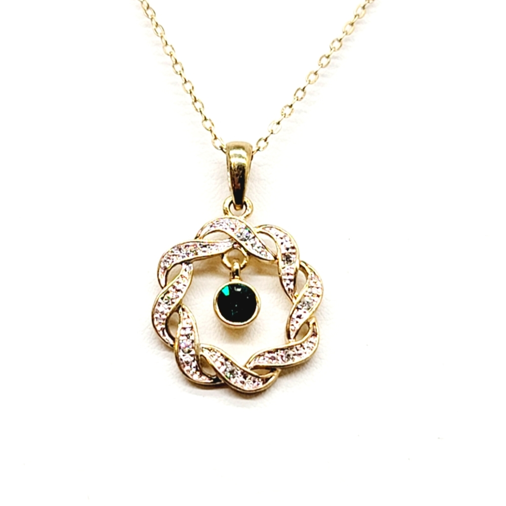 SOLD. Christmas Wreath Ornament Necklace,  Gold Tone and Green Rhinestone